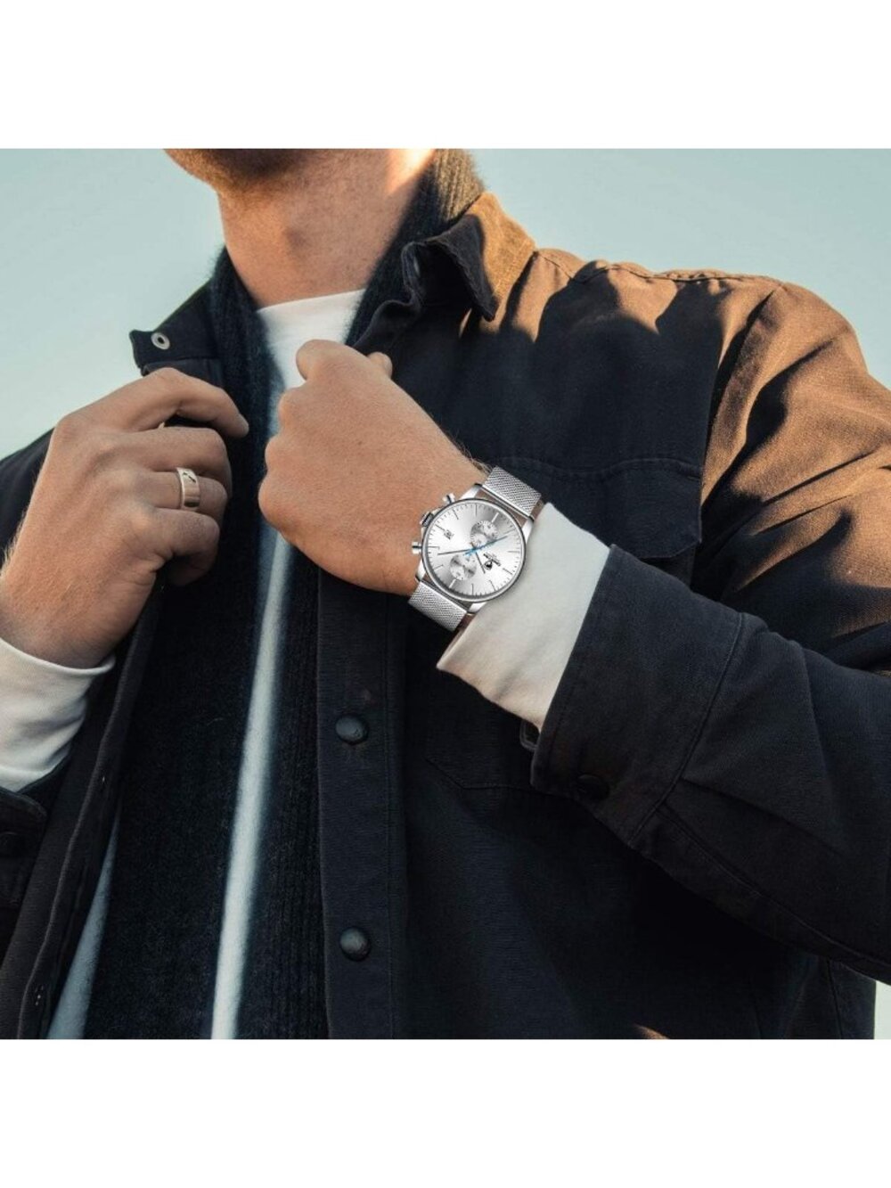 Sleek Minimalist Men's Watch - Waterproof Quartz Analog Chronograph with Mesh - Picture 9 of 9